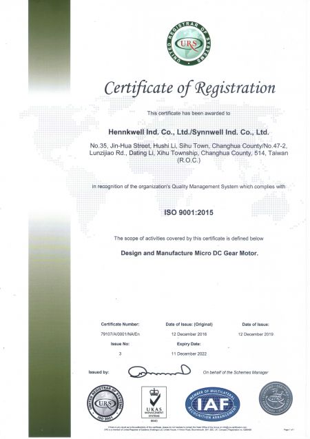 ISO9001：2015品質マネジメントシステム（証明書番号：79107 / A / 0001 / NA / En）を厳守します。